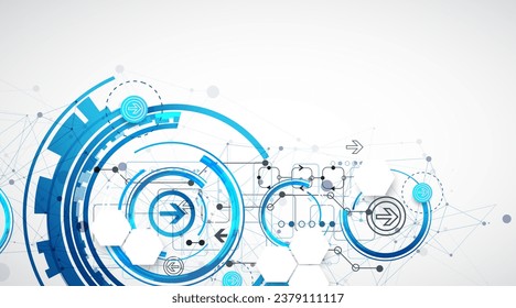 Abstract background with plexus effect. Scientific and technological concept with the use of technical elements formed in the shape of a circle. Vector