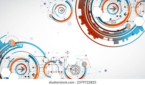 Abstract background with plexus effect. Scientific and technological concept with the use of technical elements formed in the shape of a circle. Vector