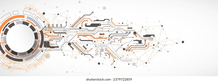 Abstract background with plexus effect. Scientific and technological concept with the use of technical elements formed in the shape of a circle. Vector