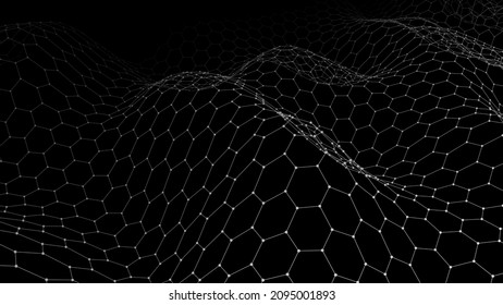 Abstract background of points and lines. Hexagon cyber structure. Big data stream. Vector illustration