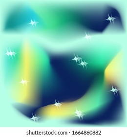 Abstract background of polar lights and stars. Colorful gradients of light green, yellow and dark blue tones