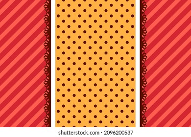 Fondo abstracto con ornamento de encaje de puntos polka y fondo rayado para una invitación o tarjeta de saludo. Ilustración vectorial colorida.