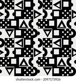 Abstract background of polka dots, triangles, halves of a circle and squares. Vector seamless and abstract background of black shapes on a white background. Geometric shapes and mosaic pattern.