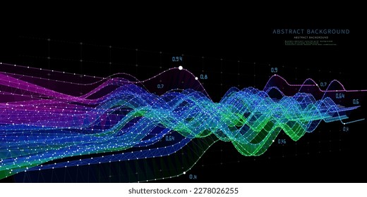 Abstract  background poly data wavy graph grid  from dots and lines on black. Technology  wireframe  concept data in virtual space. Big Data. Banner for business, science and technology data.