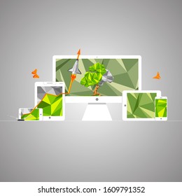 Abstract background. Polygonal art devices. Monitor. Tablet. Phone.