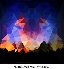 Abstract background of polygons resembling landscape with dramatic sky and mountains. Red, dark blue, orange and yellow background with silhouettes of mountains