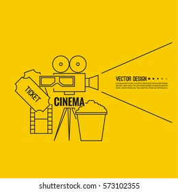 Abstract background with popcorn, 3D glasses,  filmstrip,  camera and  tickets. 