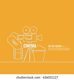 Abstract background with popcorn, 3D glasses,  filmstrip, camera and  tickets. 