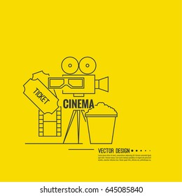 Abstract background with popcorn, 3D glasses,  filmstrip,  camera and  tickets. 