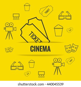 Abstract background with popcorn, camera, 3D glasses and  tickets. 