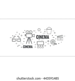 Abstract background with popcorn,  camera, film reel, clapboard, 3D glasses and  tickets. 