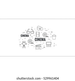 Abstract background with popcorn,  camera, film reel, clapboard, 3D glasses and  tickets. 