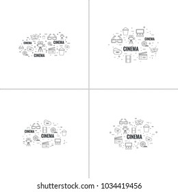 Abstract background with popcorn,  camera and  tickets. The concept of cinema and watching  movie. 