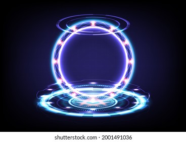 Abstract background. Portal and hologram science futuristic. Sci-fi digital hi-tech in glowing HUD circut. Magic gate in game fantasy. Circle teleport podium. GUI and UI interface. VR and MR projector