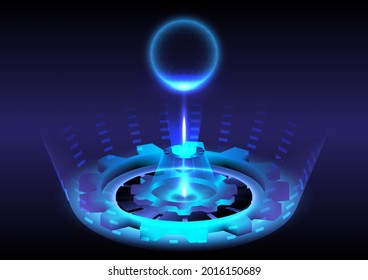 Abstract background. Portal and hologram science futuristic. sci-fi digital hi-tech in glowing HUD circuit. Magic gate in game fantasy. Sphere teleport podium. GUI, UI virtual reality infographic