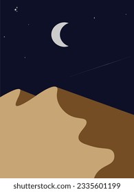 abstract background portrait with night, moon, stars and falling meteors. Minimalist wall art. Vector illustration suitable for wall decoration.