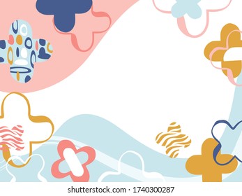 abstract background of positive shape, flower shape and wave frame. Blue, pink and yellow pastel color. Vector design for prints, flyers, banners, invitations card, special offer and more.