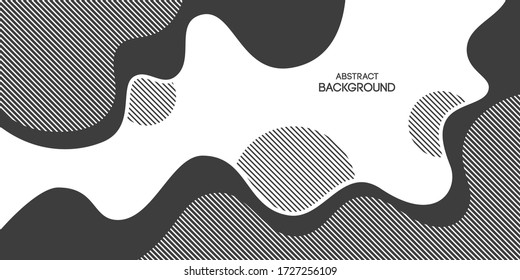 Abstract background, poster, banner. Composition of smooth amorphous forms, lines, liquid shapes, striped circles. Trendy design. Vector monochrome illustration in flat style.