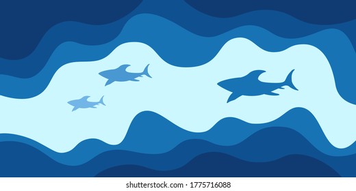 Abstract background, poster, banner. Composition of amorphous forms, liquid shapes. Sea, ocean, waves and sharks. Vector color illustration in flat style.
