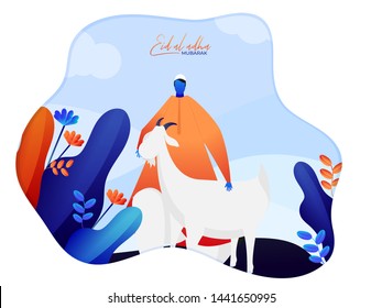 Abstract background poster or banner design with character of faceless man holding goat for Eid-Al-Fitr Mubarak Festival.