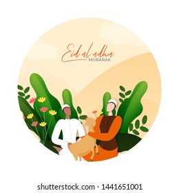 Abstraktes Hintergrundplakat oder Bannerdesign mit dem Charakter eines gesichtslosen Mannes, der Ziege hält für Eid-Al-Fitr Mubarak Festival.