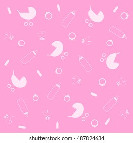 Abstract background with pram, bottle, rattle vector illustration. Baby shower party pink background.