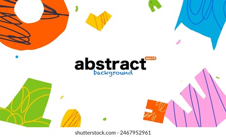 Abstract background for presentation with abstract cutout shapes and scribbles texture. Fun hand drawn sticker elements. Childish and fun and bold. 