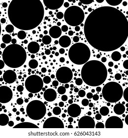 Abstract background for print on wallpaper, fabrics, wrapper, curtain, covering, decor. Seamless geometric pattern with chaotic circles, dots or polka dots. Vector illustration White and black color