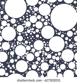 Abstract background for print on wallpaper, fabrics, wrapper, curtain, covering, decor. Seamless geometric pattern with chaotic circles, dots or polka dots. Vector illustration White and blue color