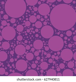 Abstract background for print on wallpaper, fabrics, wrapper, curtain, covering, decor. Seamless geometric pattern with chaotic circles, dots or polka dots. Vector illustration Purple  color