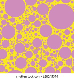 Abstract background for print on wallpaper, fabrics, wrapper, curtain, covering, decor. Seamless geometric pattern with irregular circles, dots or polka dots. Vector illustration Yellow and pink color