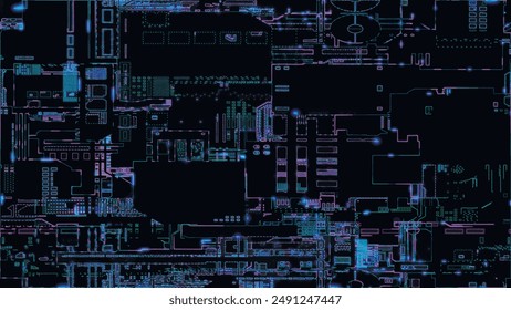 Abstract background of printed circuit board. Computer parts, microcircuits on electronic board. Futuristic data processing on electronic board. Microelectronic technology concepts. Vector illustratio