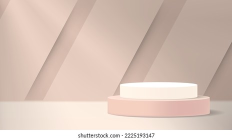 Abstract background product display scene with cylinder podium. Pastel beige pedestal 3d rendering platform. Platform stage for mock up, product presentation, show cosmetic product display