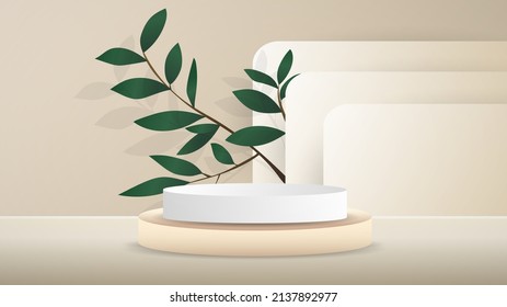 Abstract background for product display white  podiums and curved background Rounded leaves and tropical white clouds and clean background fresh mind , illustration 3d Vector EPS 10