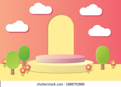 fondo abstracto para foto de producto, con nubes, plantas y flores, podio de ilustración vectorial 3d rosa