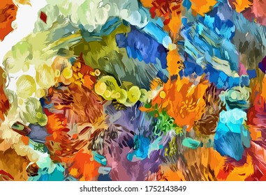 Abstract background. Psychedelic fractal, texture of brush strokes of colored paint of blurred lines and spots of different shapes and sizes