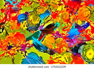 Abstract background. Psychedelic fractal, texture of brush strokes of colored paint of blurred lines and spots of different shapes and sizes