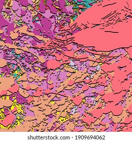 Abstrakter Hintergrund. Psychedelisches Fraktal, Textur der Pinselstriche von farbigen Farben von unscharfen Linien und Flecken von verschiedenen Formen und Größen.