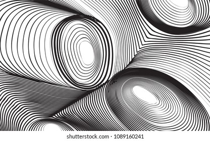 Abstract Background in Psychedelic Style. Futuristic Illustration with Wavy Lines. Abstraction with 3D Effect. Distorted Circles. Abstract Wavy Background for Web Design, Wallpaper, Covers, Posters.