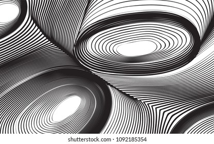 Abstract Background in Psychedelic Style. Futuristic Illustration with Wavy Lines. Abstraction with 3D Effect. Distorted Circles. Abstract Wavy Background for Web Design, Wallpaper, Covers, Posters.