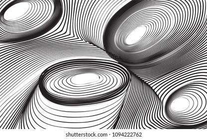 Abstract Background in Psychedelic Style. Futuristic Illustration with Wavy Lines. Abstraction with 3D Effect. Distorted Circles. Abstract Wavy Background for Web Design, Wallpaper, Covers, Posters.