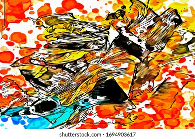Abstract background. Psychedelic  texture of brush strokes of colored paint of blurred lines and spots of different shapes and sizes
