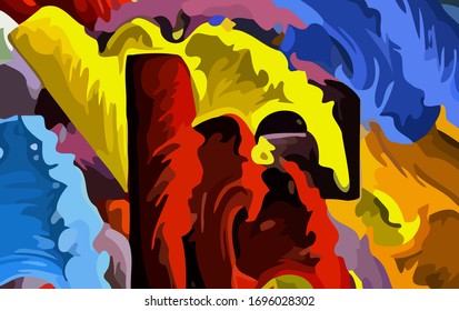 Abstract background. Psychedelic  texture of brush strokes of colored paint of blurred lines and spots of different shapes and sizes