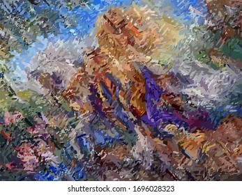 Abstract background. Psychedelic  texture of brush strokes of colored paint of blurred lines and spots of different shapes and sizes