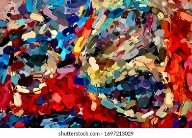 Abstract background. Psychedelic  texture of brush strokes of colored paint of blurred lines and spots of different shapes and sizes
