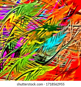 Abstract background. Psychedelic  texture of brush strokes of colored paint of blurred lines and spots of different shapes and sizes