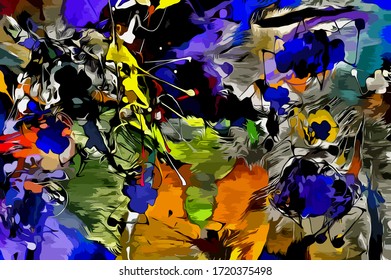 Abstract background. Psychedelic  texture of brush strokes of colored paint of blurred lines and spots of different shapes and sizes