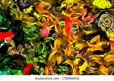 Abstract background. Psychedelic  texture of brush strokes of colored paint of blurred lines and spots of different shapes and sizes