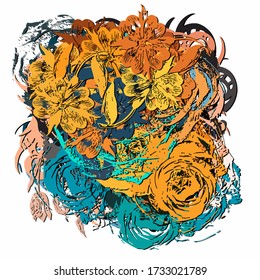 Abstract background. Psychedelic  texture of brush strokes of colored paint of blurred lines and spots of different shapes and sizes