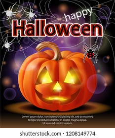 Abstract background with pumpkin, cobwebs and spiders. Happy Halloween. Poster, card, invitation. Vector illustration. EPS10